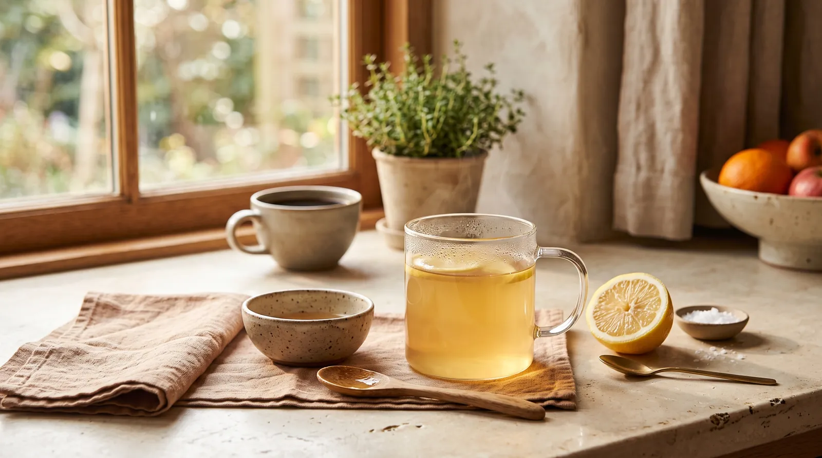 A glass mug of warm golden drink with a wooden spoon on a sunlit kitchen counter, coffee in the background