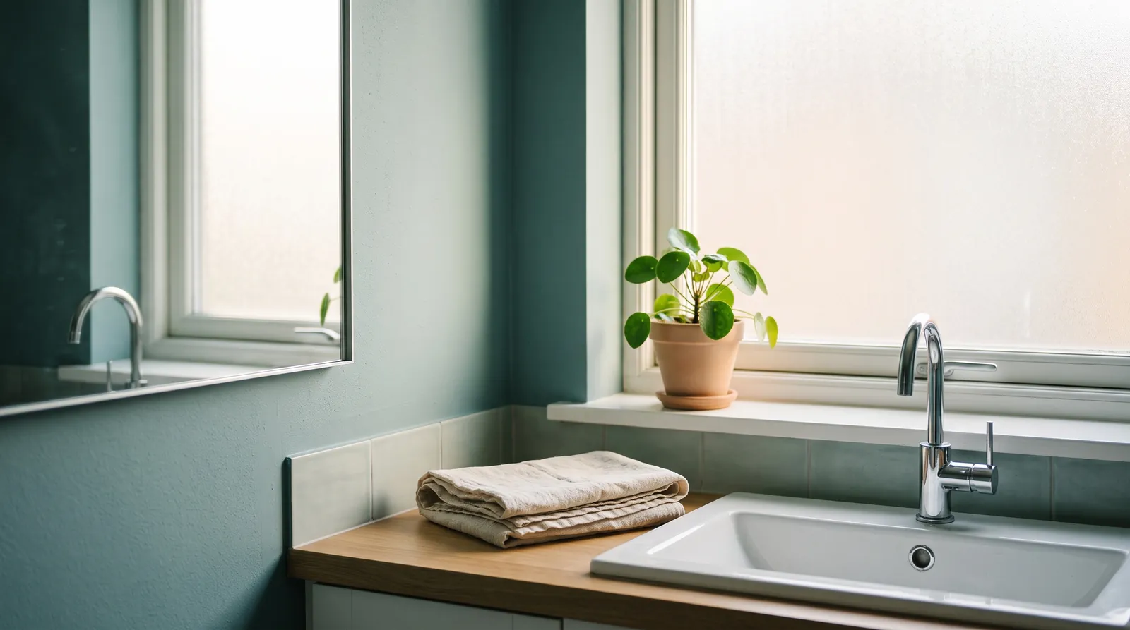 A calm, bright bathroom in the early morning with a white sink, a folded cream towel and a small plant by the window