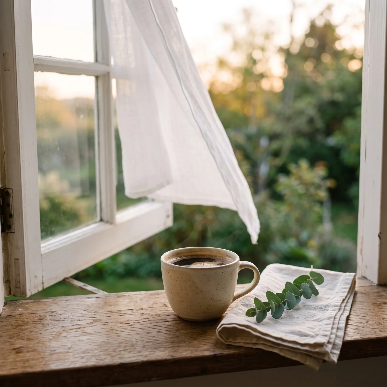 A cup of black coffee on a wooden windowsill in soft sunrise light, beside a folded linen cloth and a sprig of eucalyptus